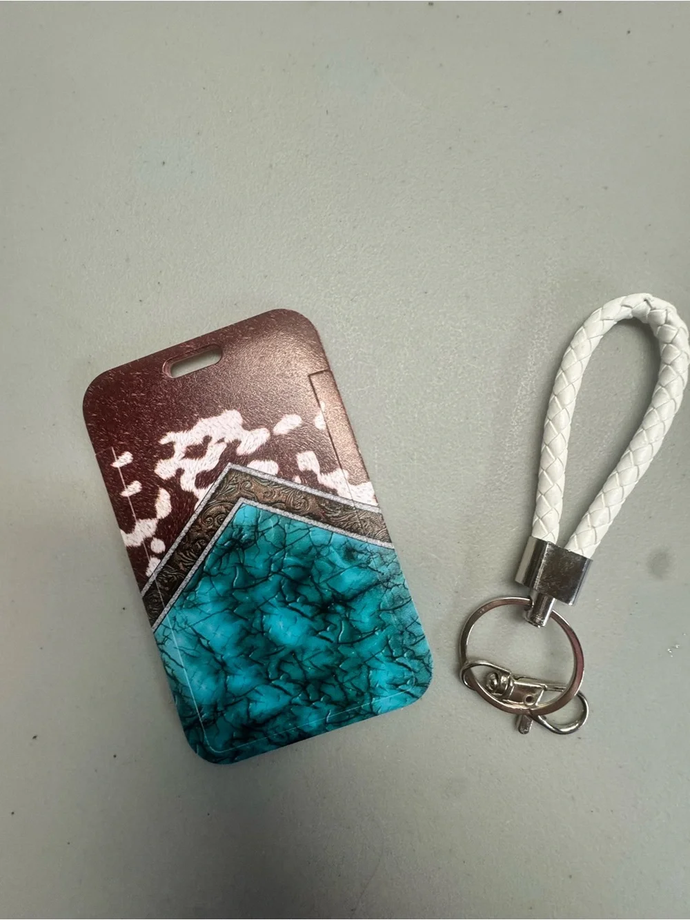 Stylish Teal & Brown ID Badge Holder with White Braided‎ Strap